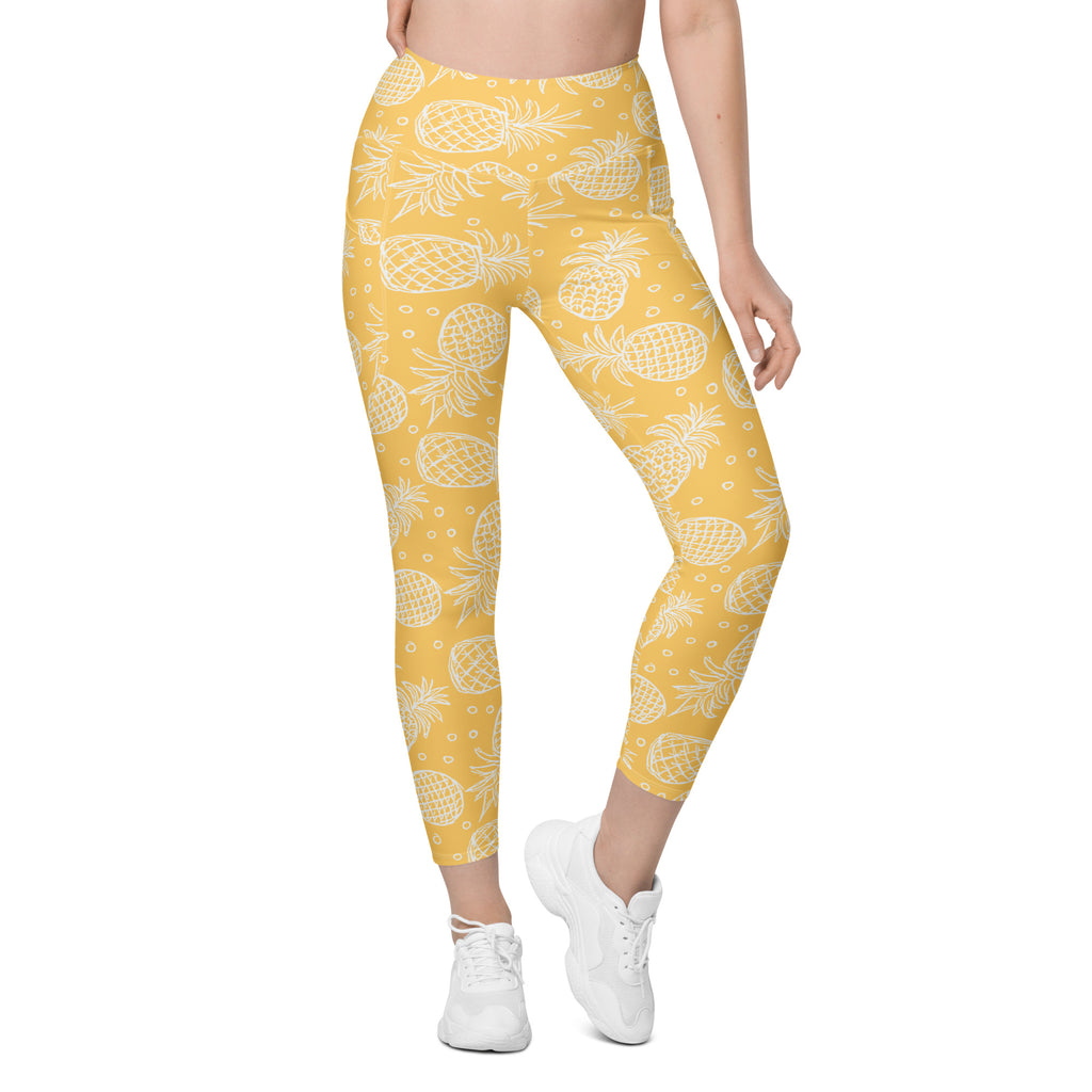Women’s Light Yellow Tropical Pineapple Leggings With Pockets – High-Waisted, Soft Compression Active Pants