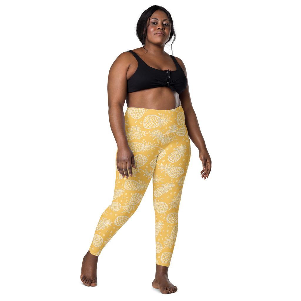 Women’s Light Yellow Tropical Pineapple Leggings With Pockets – High-Waisted, Soft Compression Active Pants