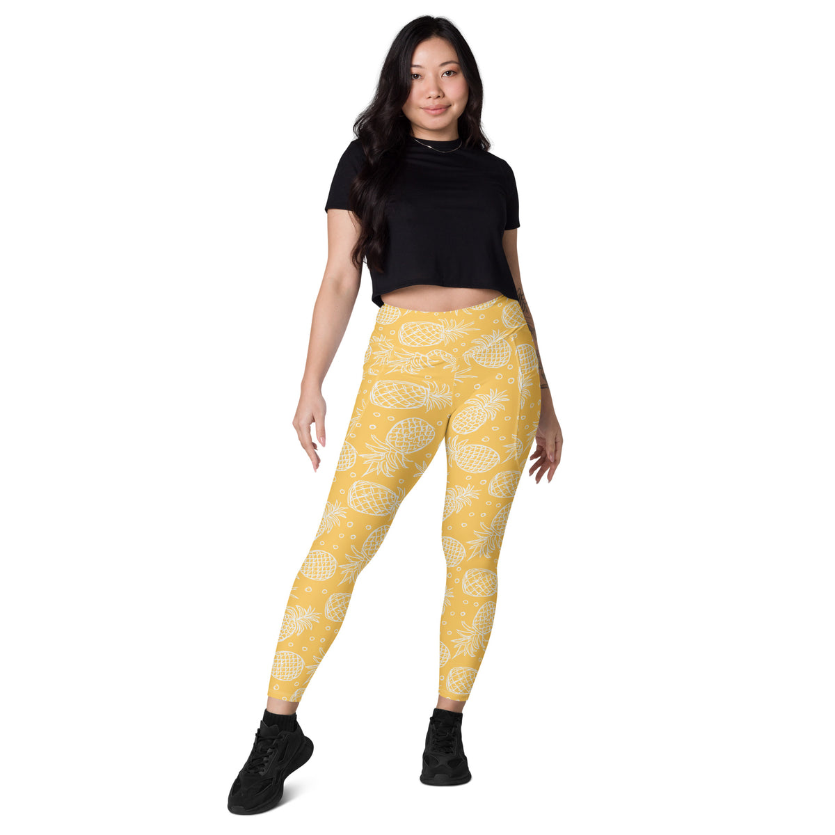 Women’s Light Yellow Tropical Pineapple Leggings With Pockets – High-Waisted, Soft Compression Active Pants