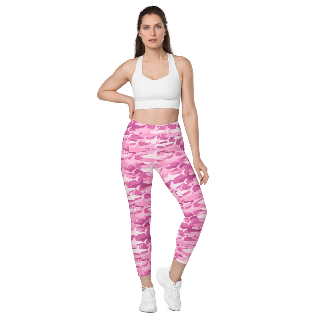 Women’s Pink Shark Camouflage Yoga Leggings With Pockets – High-Waisted, Soft Compression Active Pants