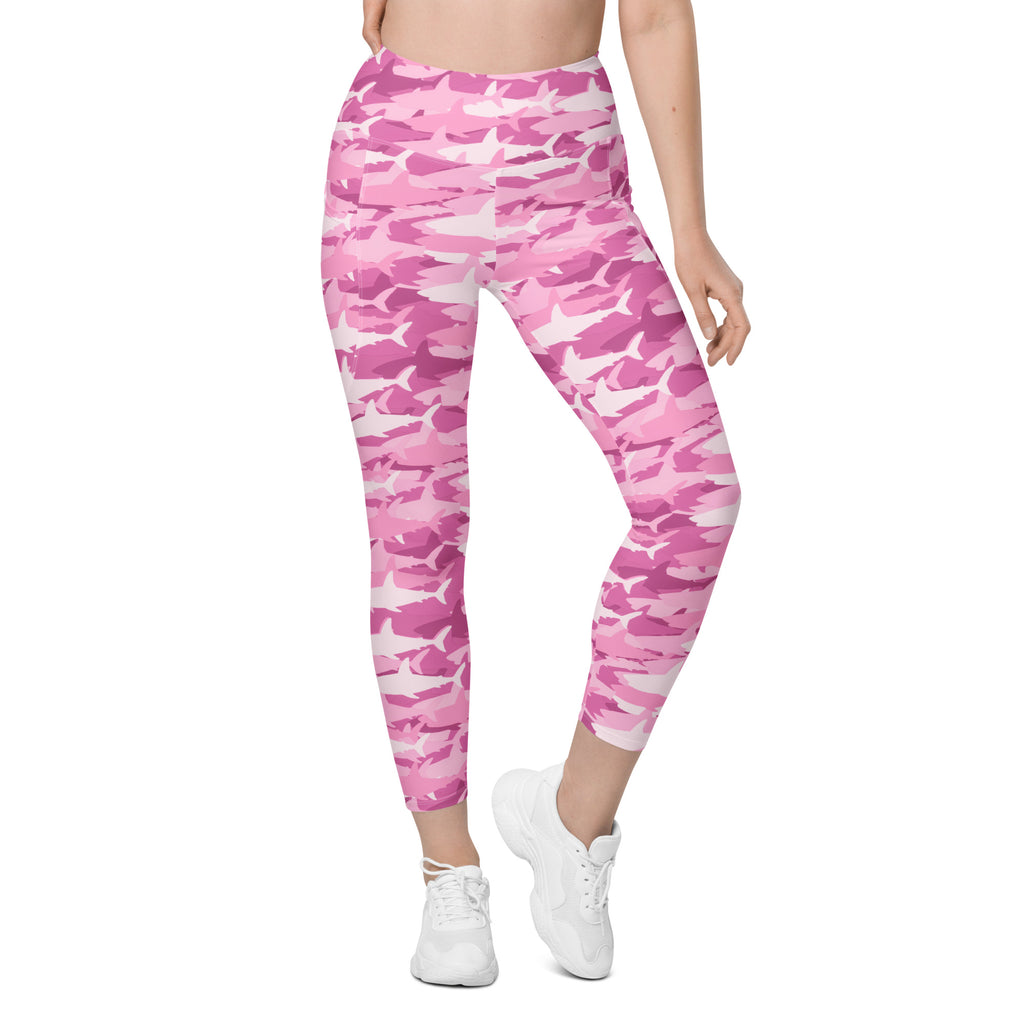 Women’s Pink Shark Camouflage Yoga Leggings With Pockets – High-Waisted, Soft Compression Active Pants