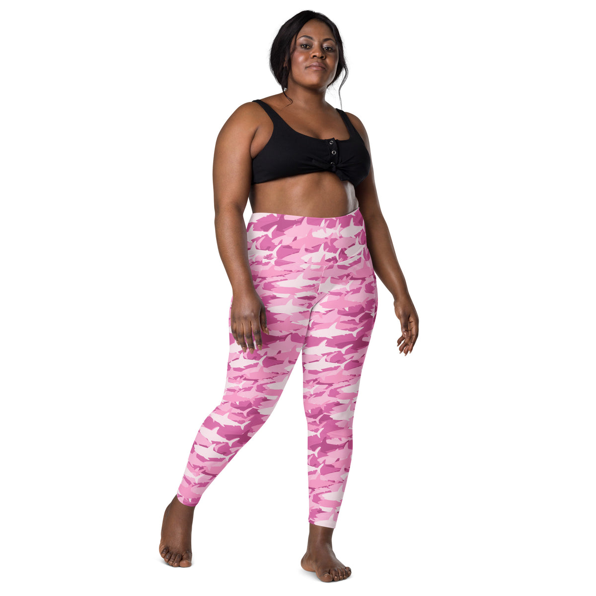 Women’s Pink Shark Camouflage Yoga Leggings With Pockets – High-Waisted, Soft Compression Active Pants