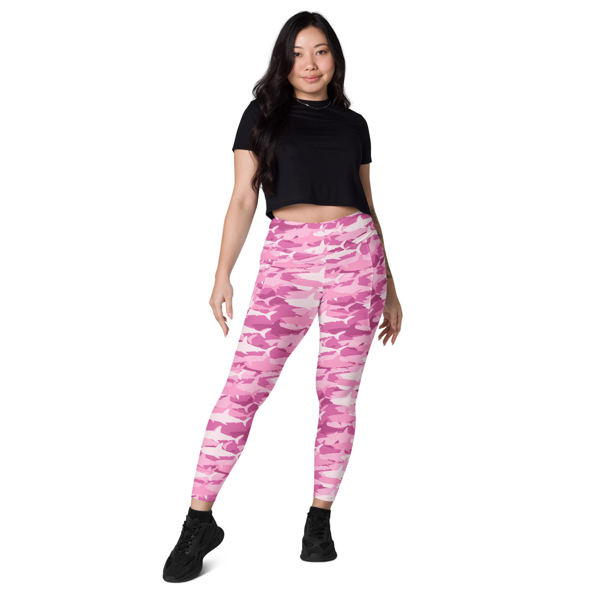 Women’s Pink Shark Camouflage Yoga Leggings With Pockets – High-Waisted, Soft Compression Active Pants