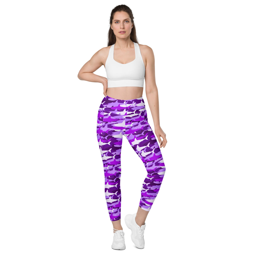 Women’s Purple Shark Camouflage Yoga Leggings With Pockets – High-Waisted, Soft Compression Active Pants