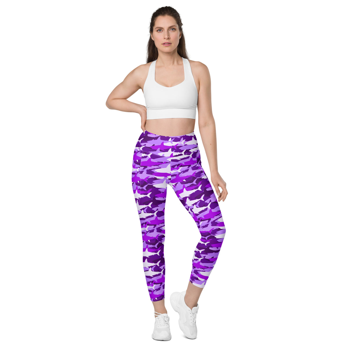 Women’s Purple Shark Camouflage Yoga Leggings With Pockets – High-Waisted, Soft Compression Active Pants
