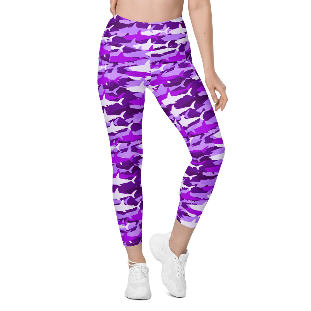 Women’s Purple Shark Camouflage Yoga Leggings With Pockets – High-Waisted, Soft Compression Active Pants