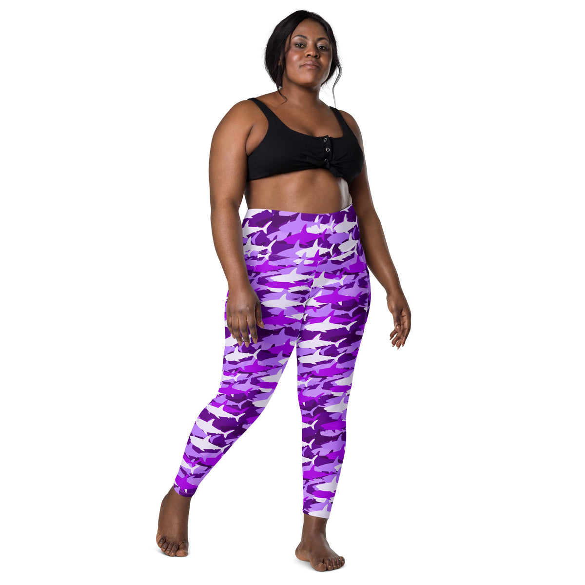 Women’s Purple Shark Camouflage Yoga Leggings With Pockets – High-Waisted, Soft Compression Active Pants