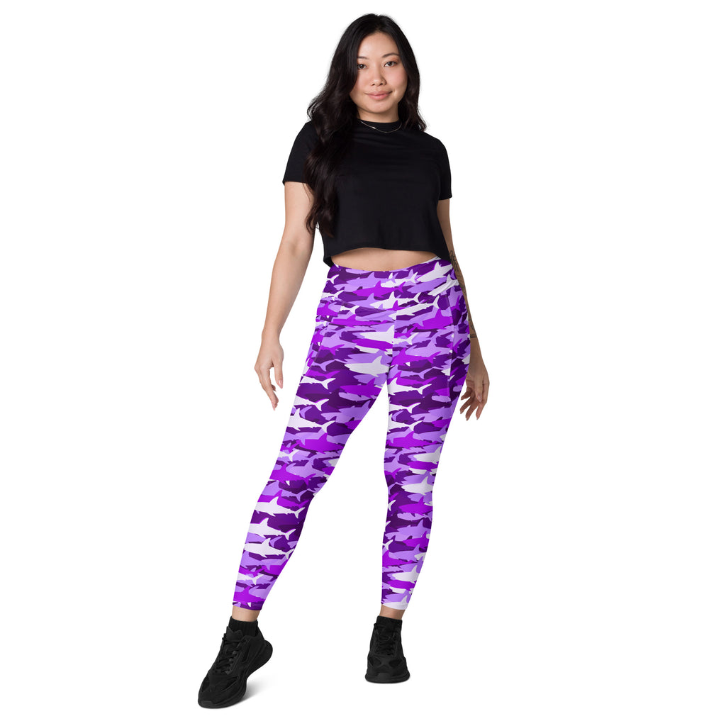 Women’s Purple Shark Camouflage Yoga Leggings With Pockets – High-Waisted, Soft Compression Active Pants