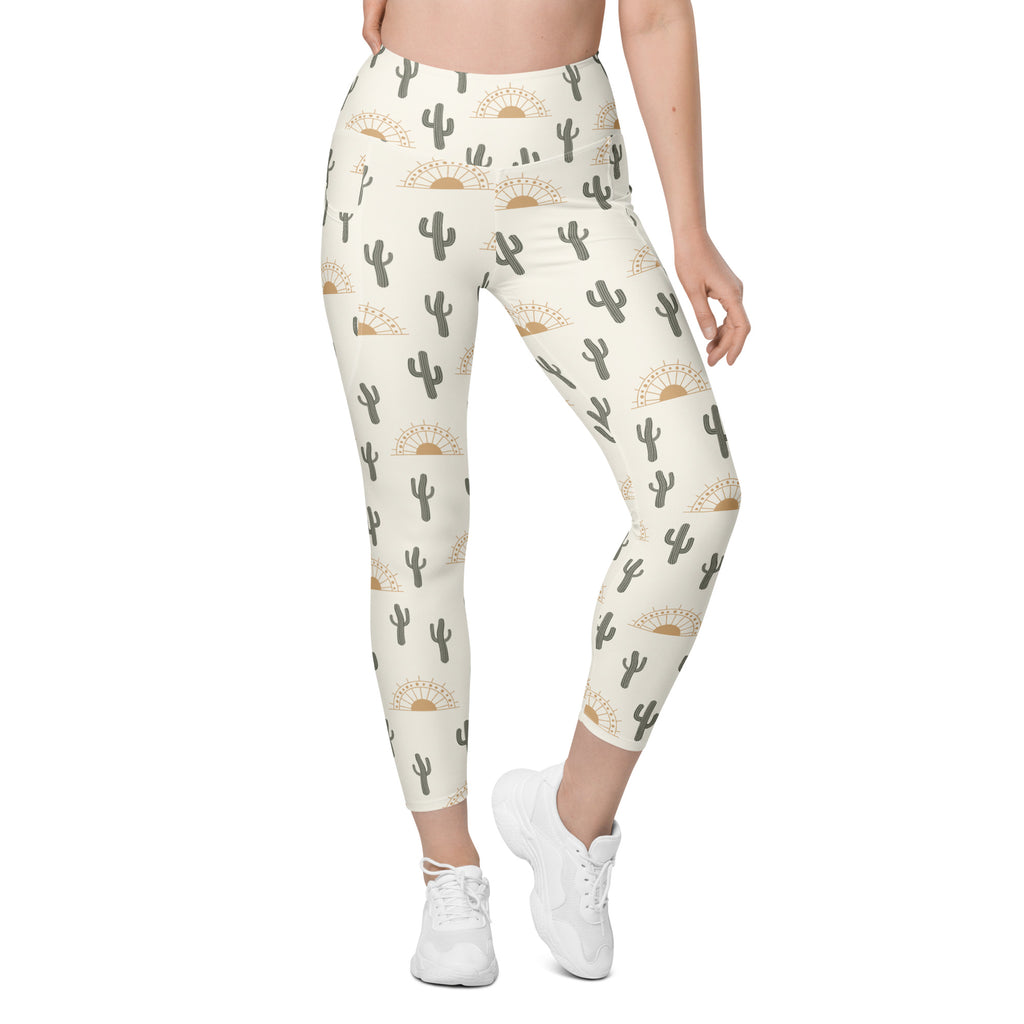 Women’s Desert Cactus Sunrise Yoga Leggings With Pockets – High-Waisted, Soft Compression Active Pants