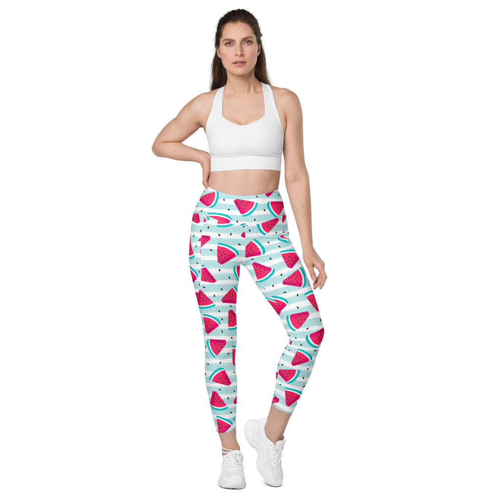 Women’s Watermelon Stripe Yoga Leggings With Pockets – High-Waisted, Soft Compression Active Pants