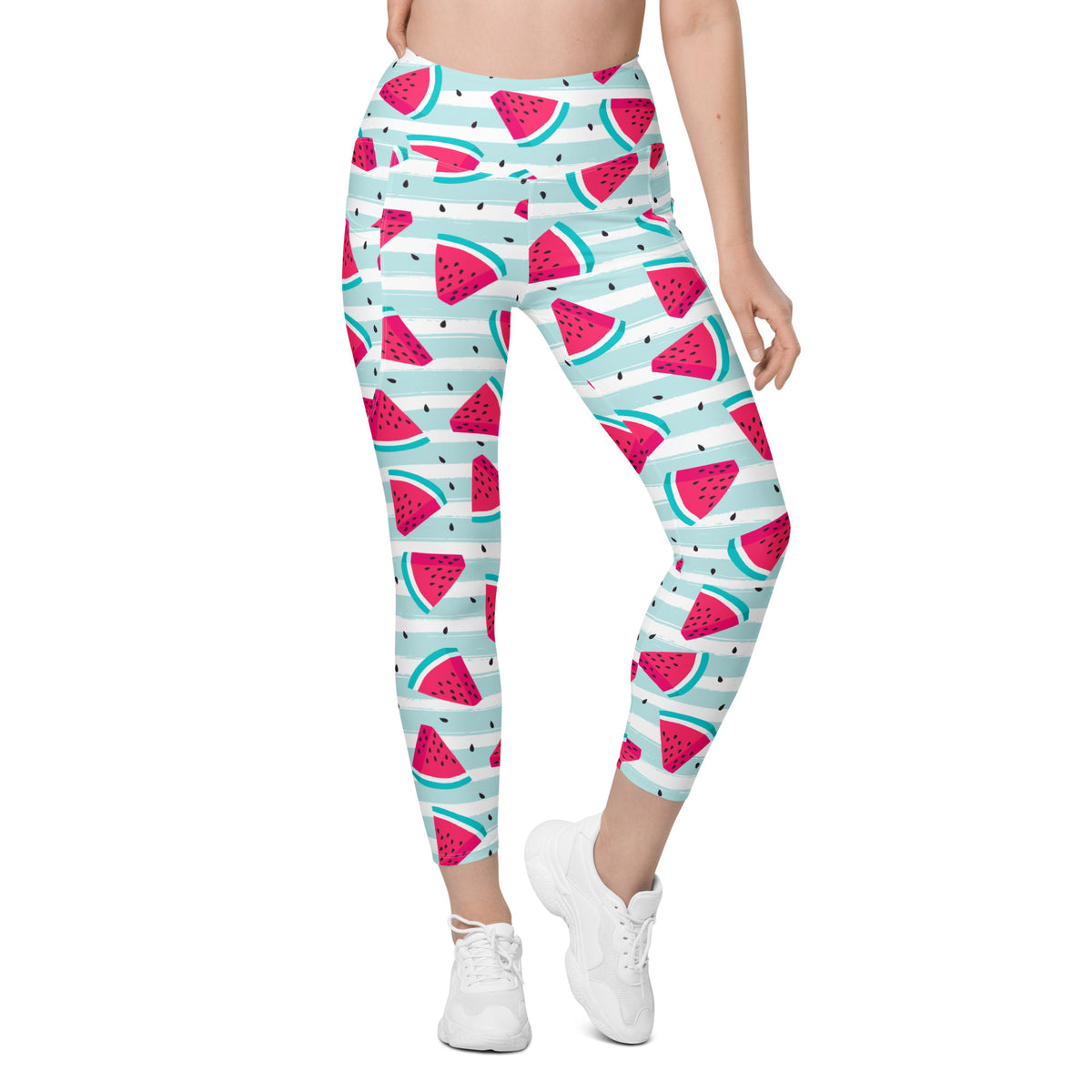 Women’s Watermelon Stripe Yoga Leggings With Pockets – High-Waisted, Soft Compression Active Pants