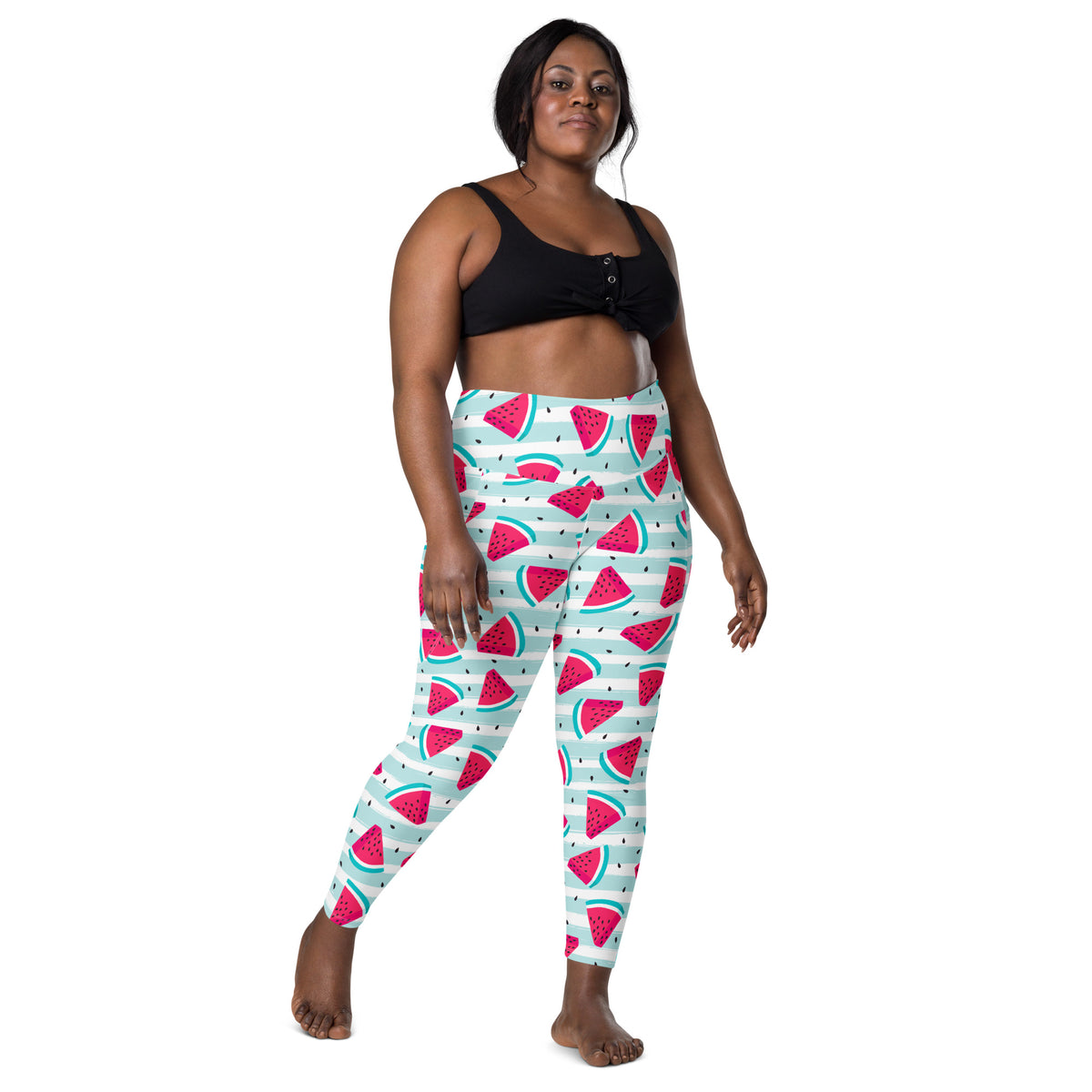 Women’s Watermelon Stripe Yoga Leggings With Pockets – High-Waisted, Soft Compression Active Pants