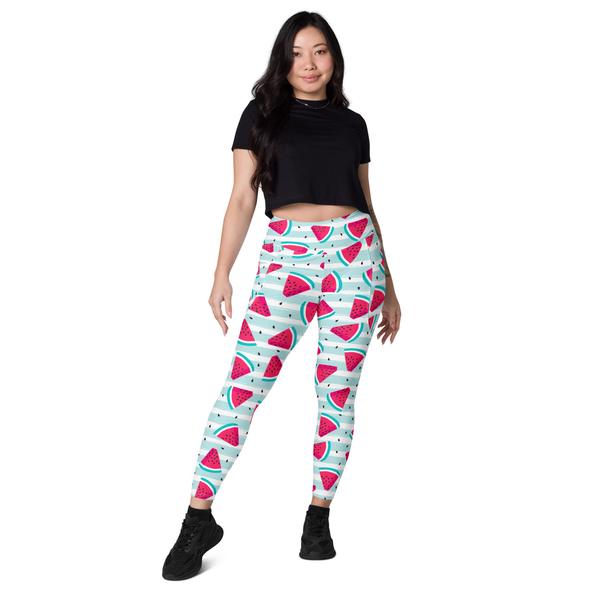 Women’s Watermelon Stripe Yoga Leggings With Pockets – High-Waisted, Soft Compression Active Pants