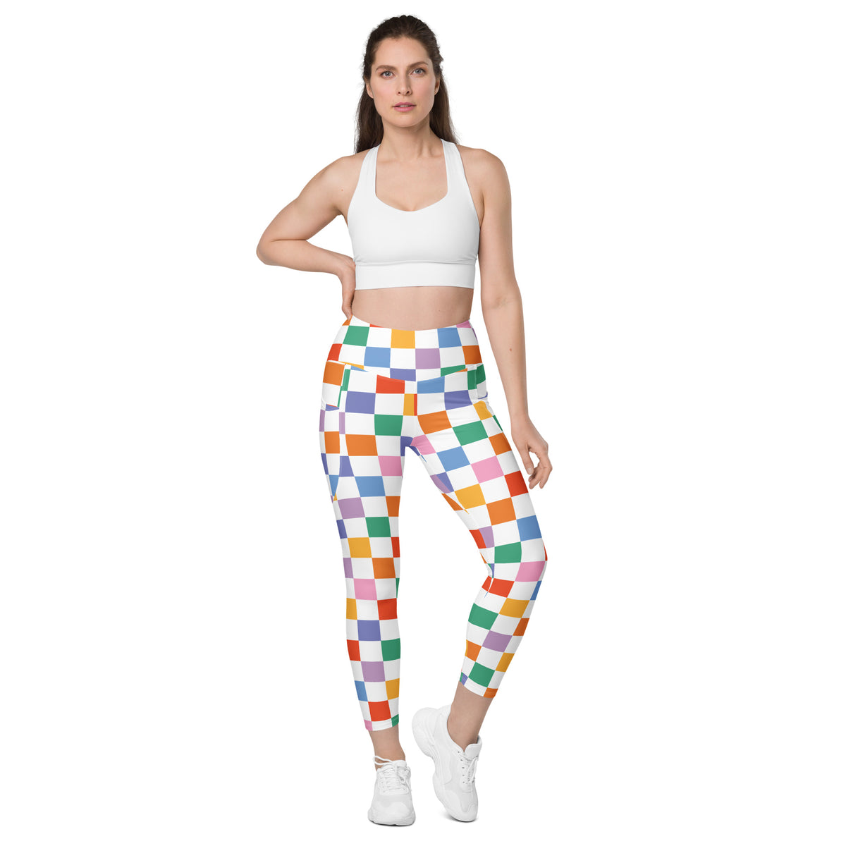 Women’s Colorful Checkered Yoga Leggings With Pockets – High-Waisted, Soft Compression Active Pants