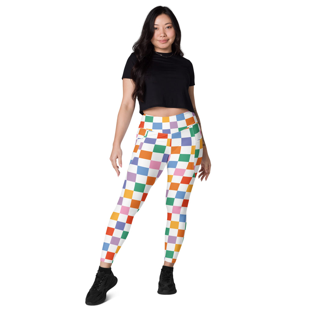 Women’s Colorful Checkered Yoga Leggings With Pockets – High-Waisted, Soft Compression Active Pants