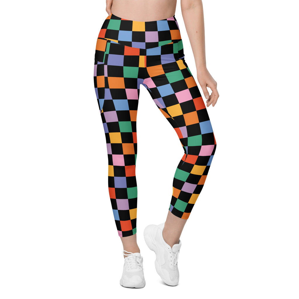 Women’s Dark Colorful Checkered Yoga Leggings With Pockets – High-Waisted, Soft Compression Active Pants