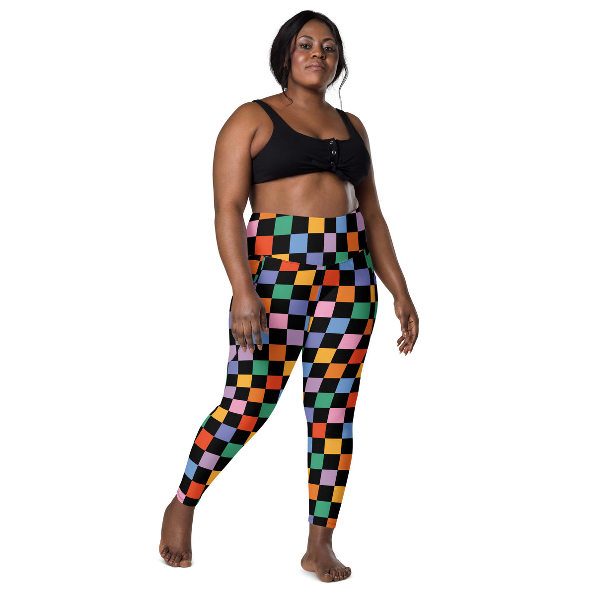 Women’s Dark Colorful Checkered Yoga Leggings With Pockets – High-Waisted, Soft Compression Active Pants