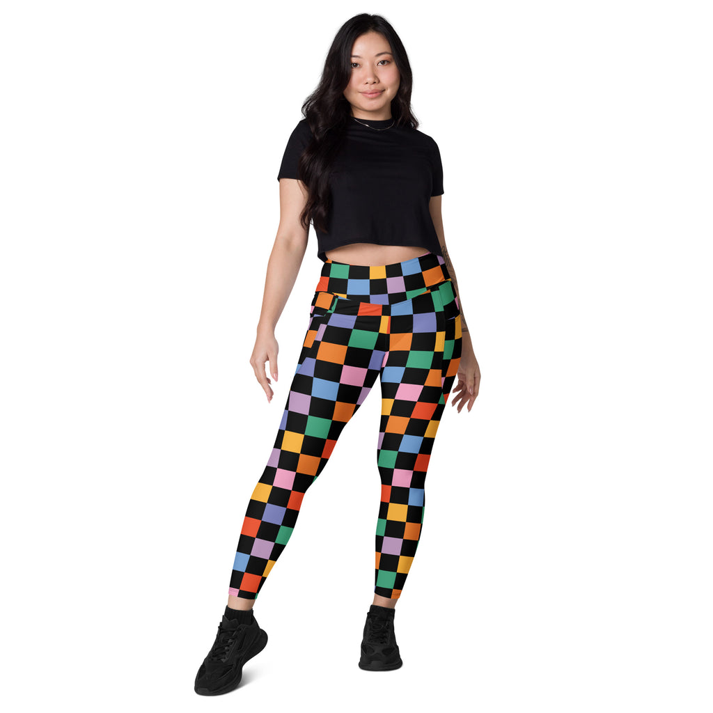 Women’s Dark Colorful Checkered Yoga Leggings With Pockets – High-Waisted, Soft Compression Active Pants