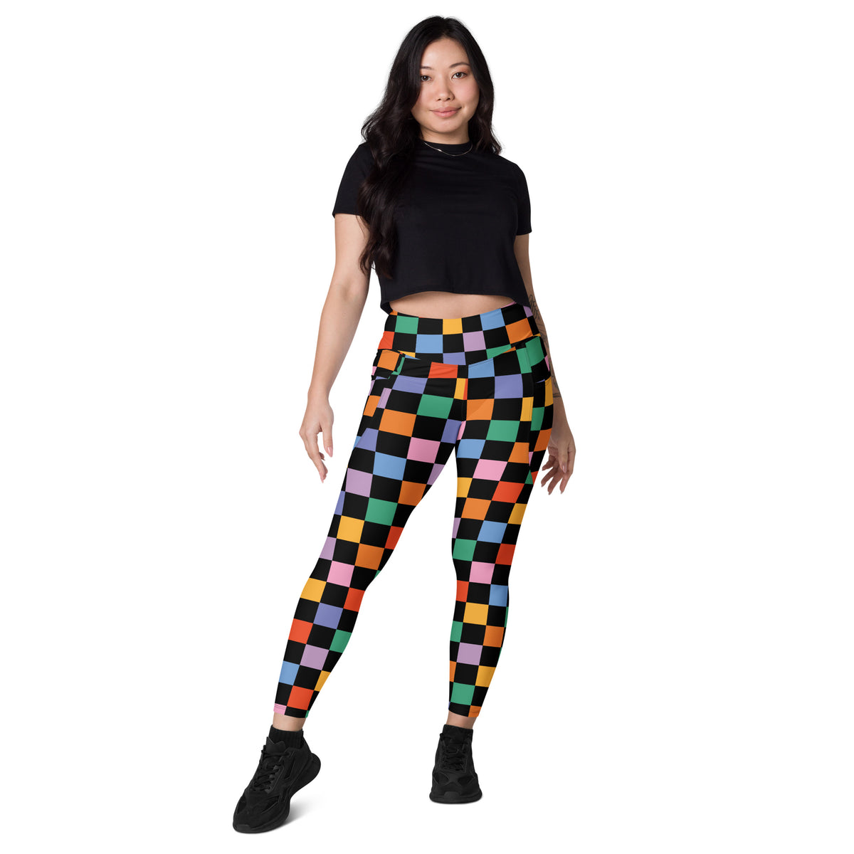 Women’s Dark Colorful Checkered Yoga Leggings With Pockets – High-Waisted, Soft Compression Active Pants