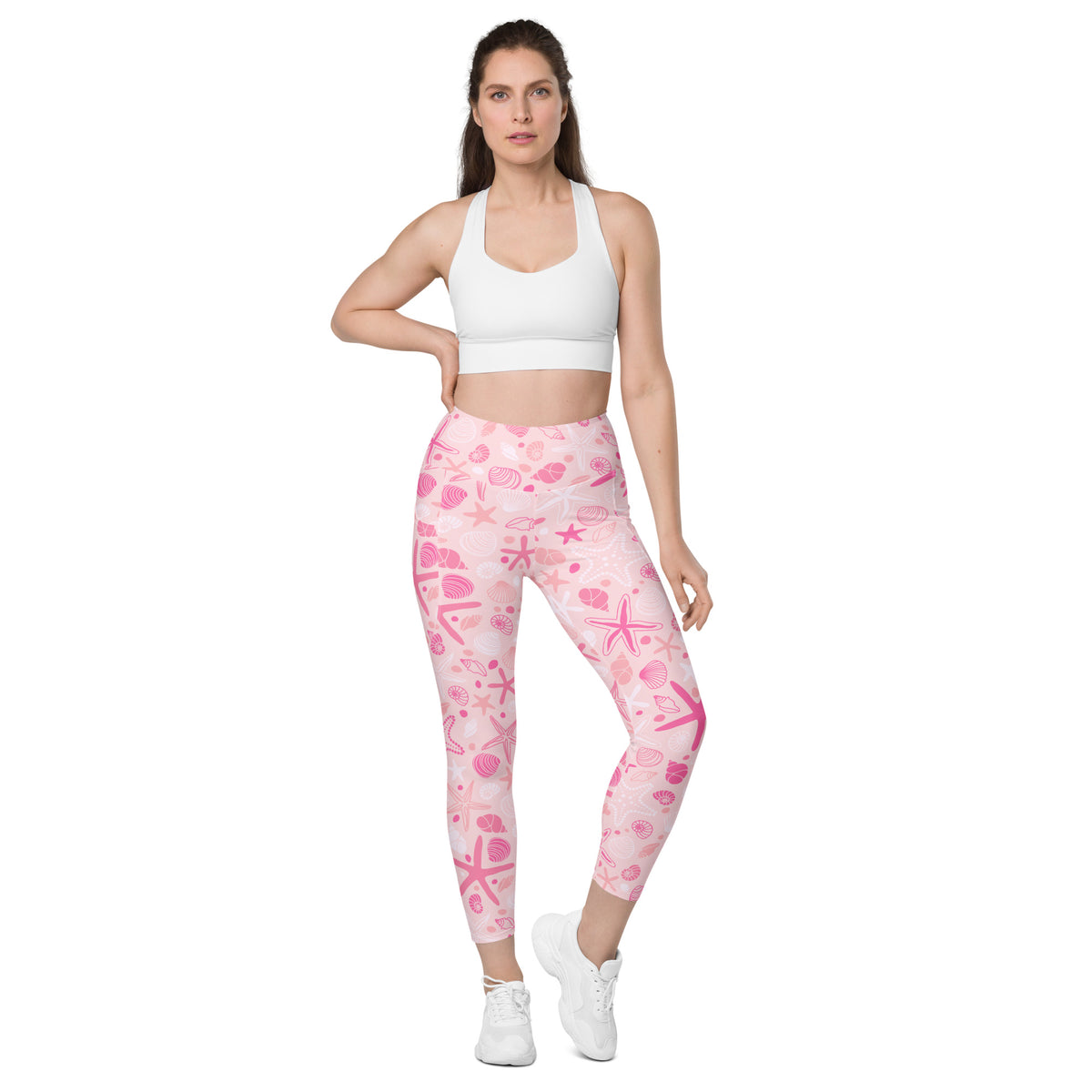 Women’s Pink Starfish & Shells Yoga Leggings With Pockets – High-Waisted, Soft Compression Active Pants