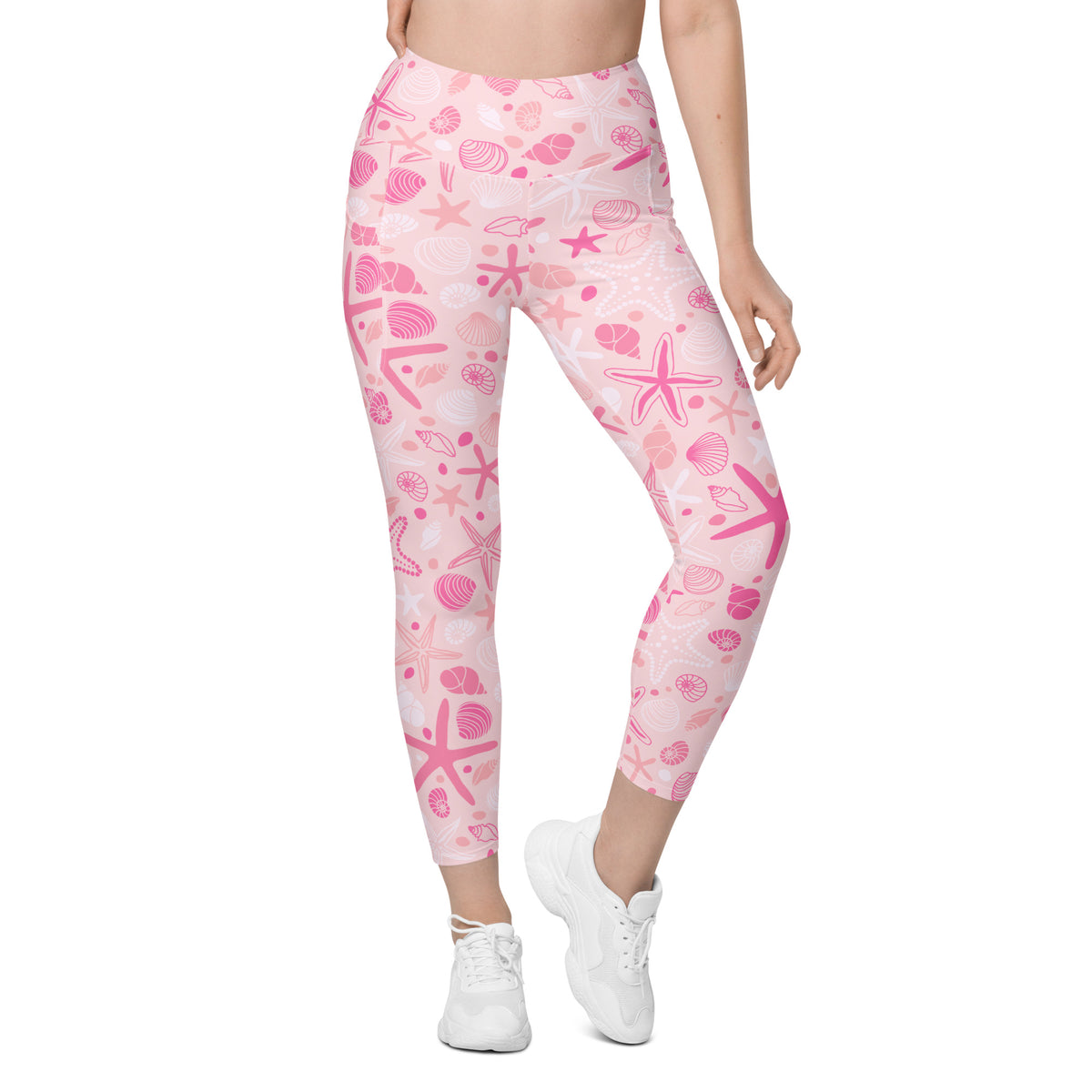 Women’s Pink Starfish & Shells Yoga Leggings With Pockets – High-Waisted, Soft Compression Active Pants