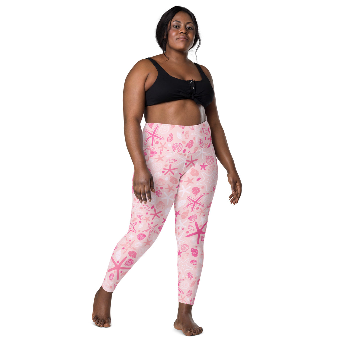 Women’s Pink Starfish & Shells Yoga Leggings With Pockets – High-Waisted, Soft Compression Active Pants