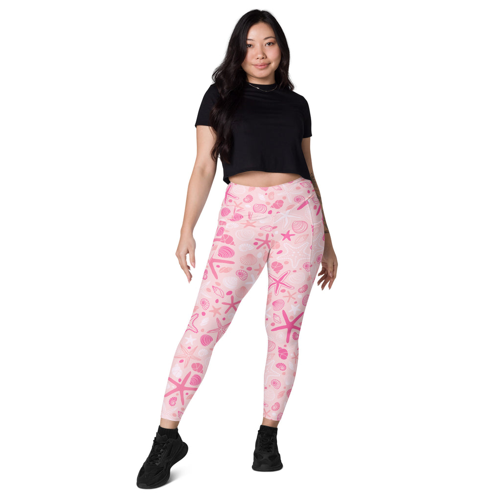 Women’s Pink Starfish & Shells Yoga Leggings With Pockets – High-Waisted, Soft Compression Active Pants