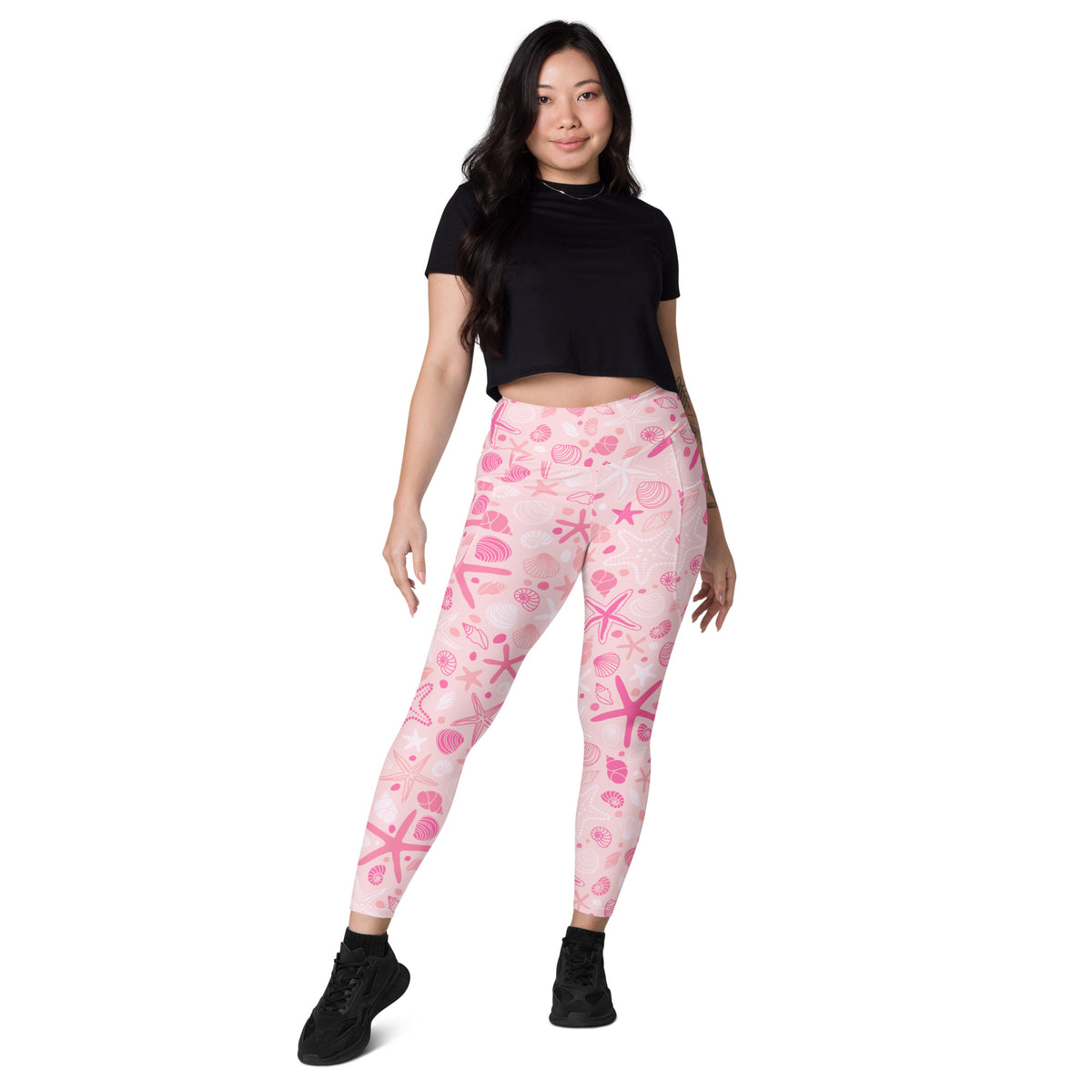 Women’s Pink Starfish & Shells Yoga Leggings With Pockets – High-Waisted, Soft Compression Active Pants