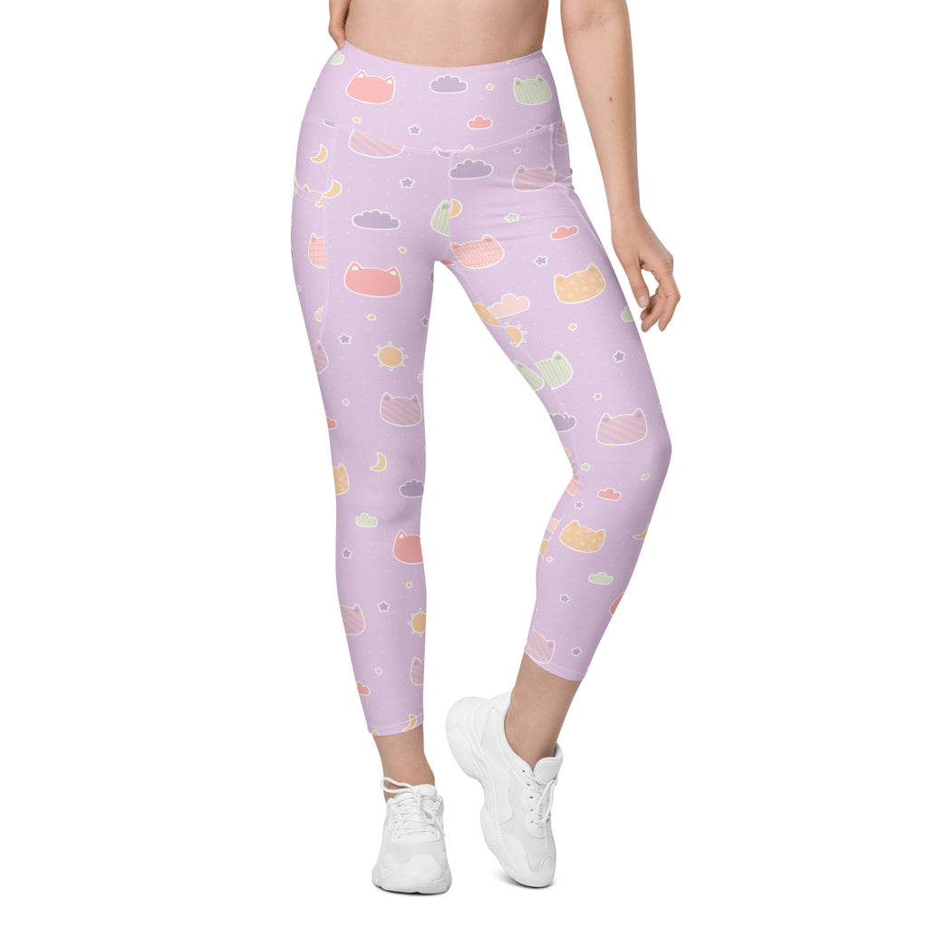 Women’s Pastel Purple Kawaii Cats & Clouds Yoga Leggings With Pockets – High-Waisted, Soft Compression Active Pants