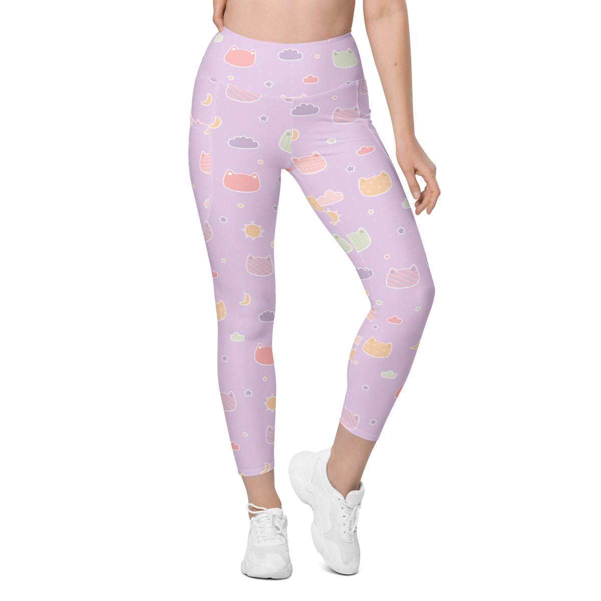 Women’s Pastel Purple Kawaii Cats & Clouds Yoga Leggings With Pockets – High-Waisted, Soft Compression Active Pants