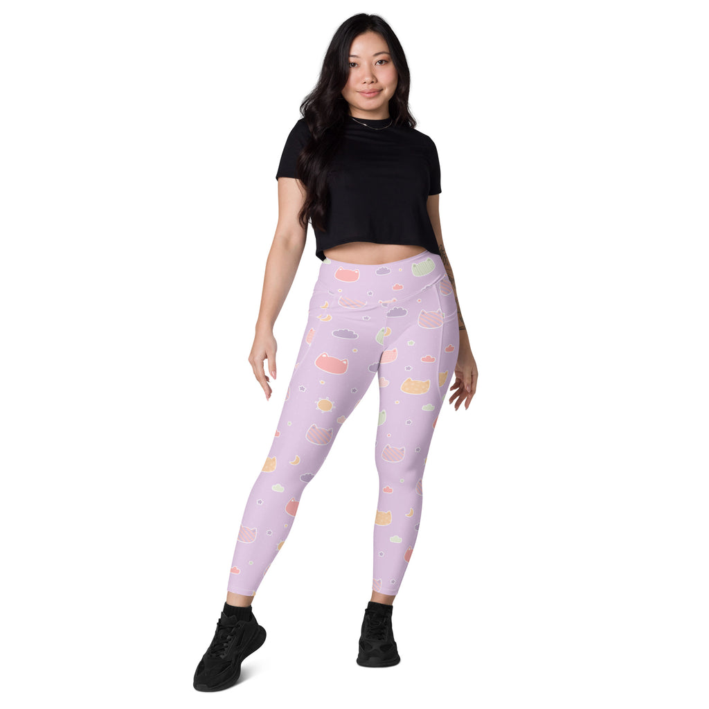 Women’s Pastel Purple Kawaii Cats & Clouds Yoga Leggings With Pockets – High-Waisted, Soft Compression Active Pants