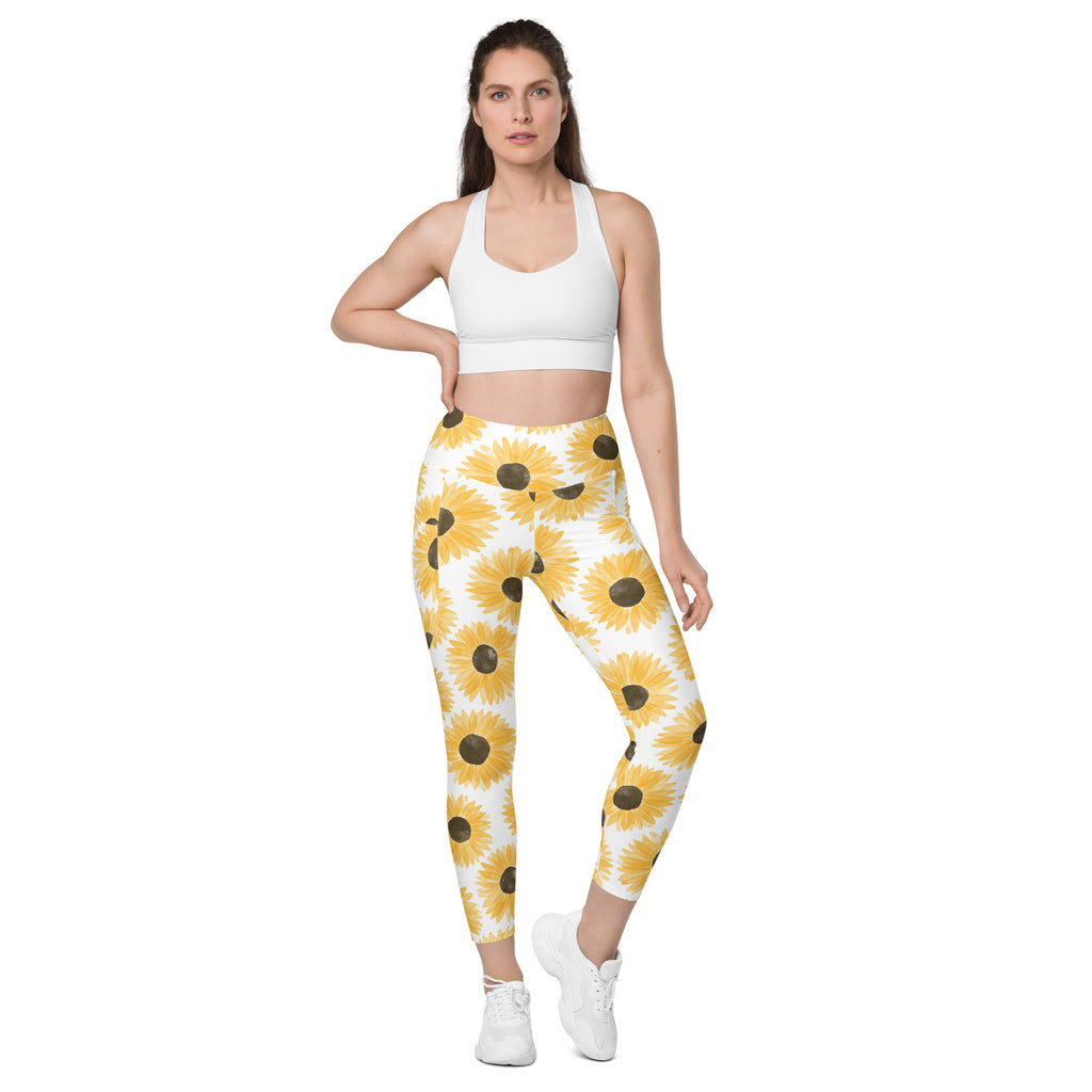 Women’s Watercolor Sunflower Yoga Leggings With Pockets – High-Waisted, Soft Compression Active Pants