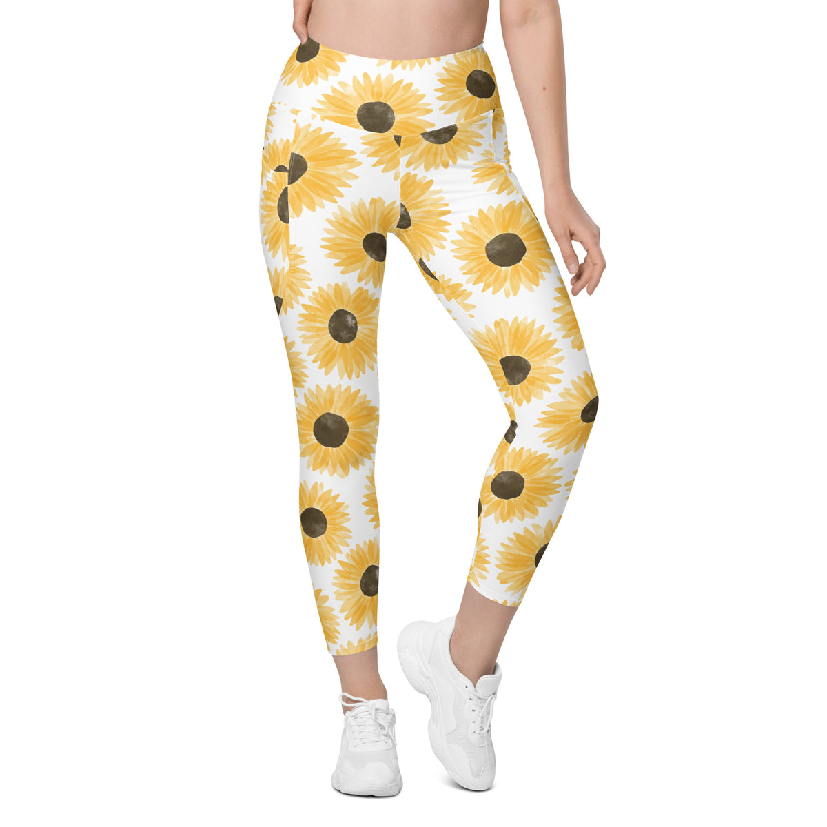 Women’s Watercolor Sunflower Yoga Leggings With Pockets – High-Waisted, Soft Compression Active Pants