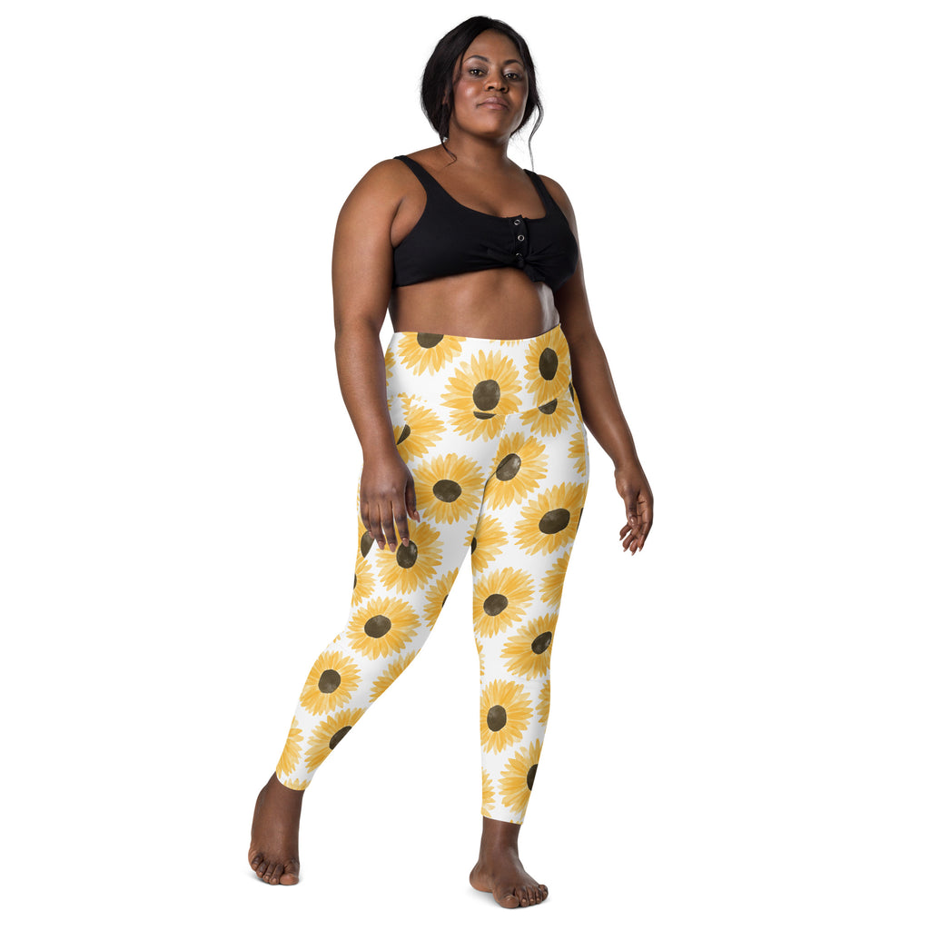 Women’s Watercolor Sunflower Yoga Leggings With Pockets – High-Waisted, Soft Compression Active Pants