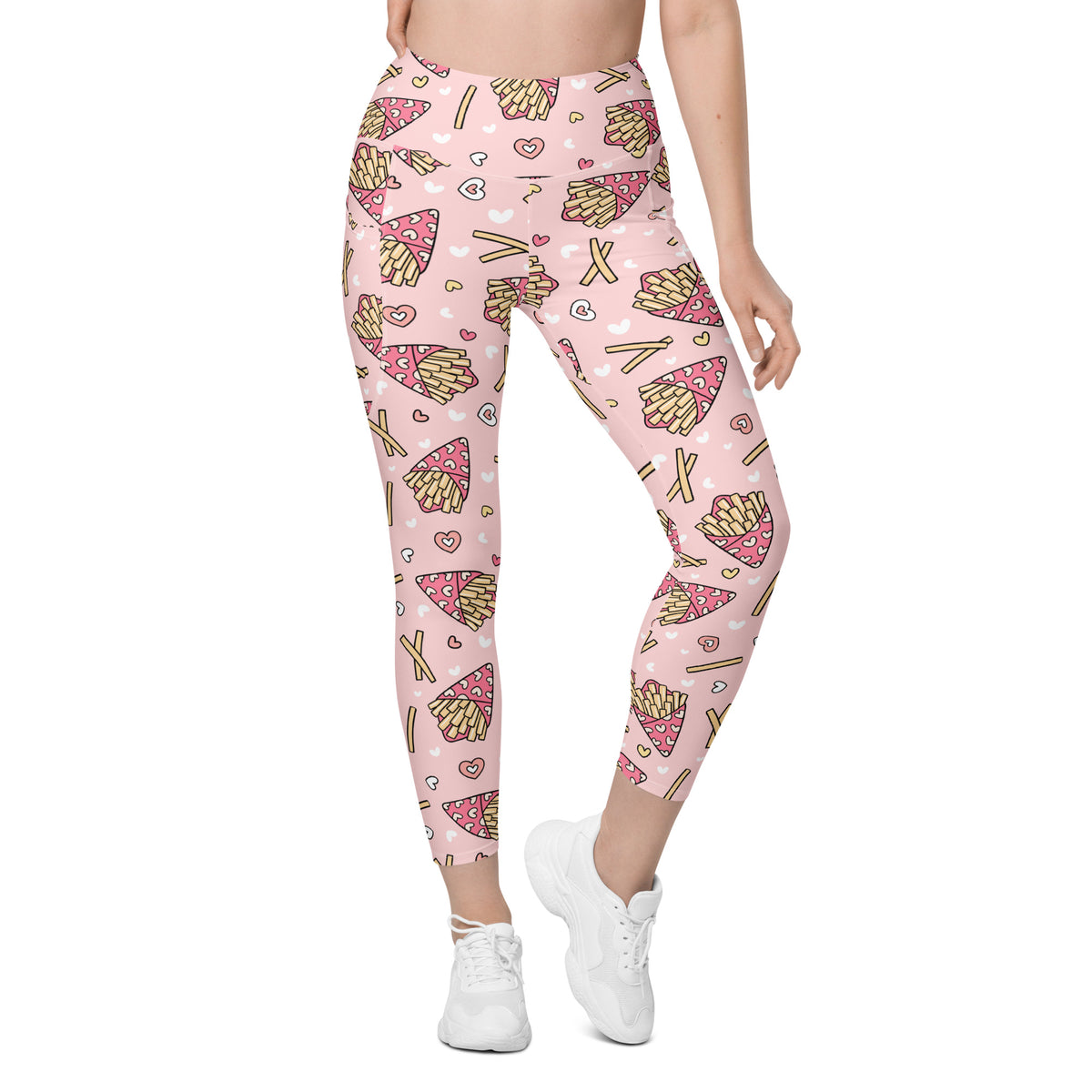 Women’s Pink French Fries Yoga Leggings With Pockets – High-Waisted, Soft Compression Active Pants