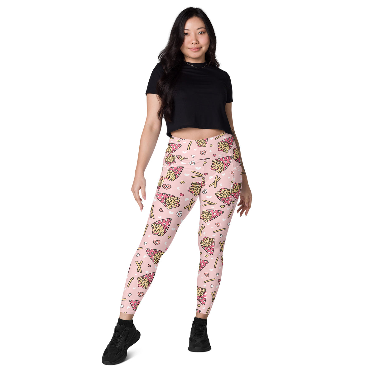 Women’s Pink French Fries Yoga Leggings With Pockets – High-Waisted, Soft Compression Active Pants