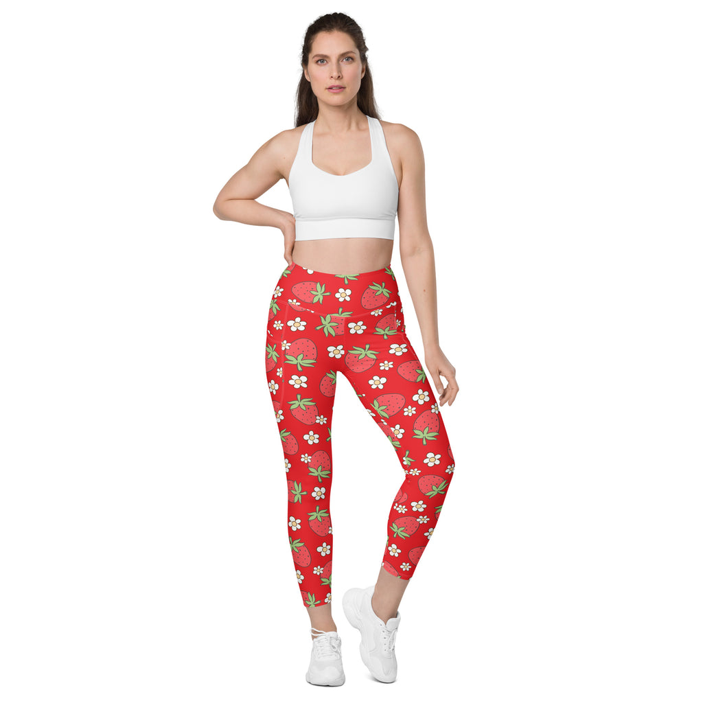 Women’s Floral Strawberry Yoga Leggings With Pockets – High-Waisted, Soft Compression Active Pants