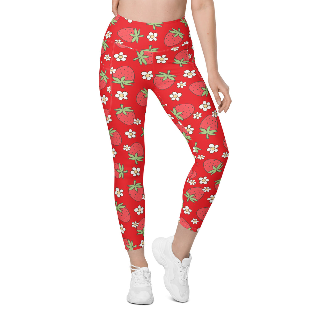 Women’s Floral Strawberry Yoga Leggings With Pockets – High-Waisted, Soft Compression Active Pants