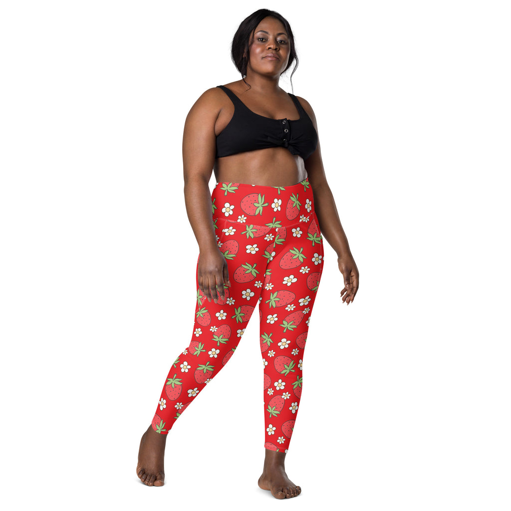 Women’s Floral Strawberry Yoga Leggings With Pockets – High-Waisted, Soft Compression Active Pants
