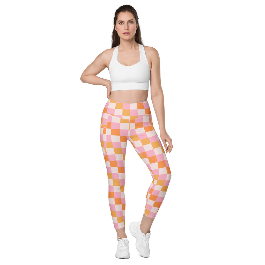 Women’s Pink & Orange Checkered Yoga Leggings With Pockets – High-Waisted, Soft Compression Active Pants