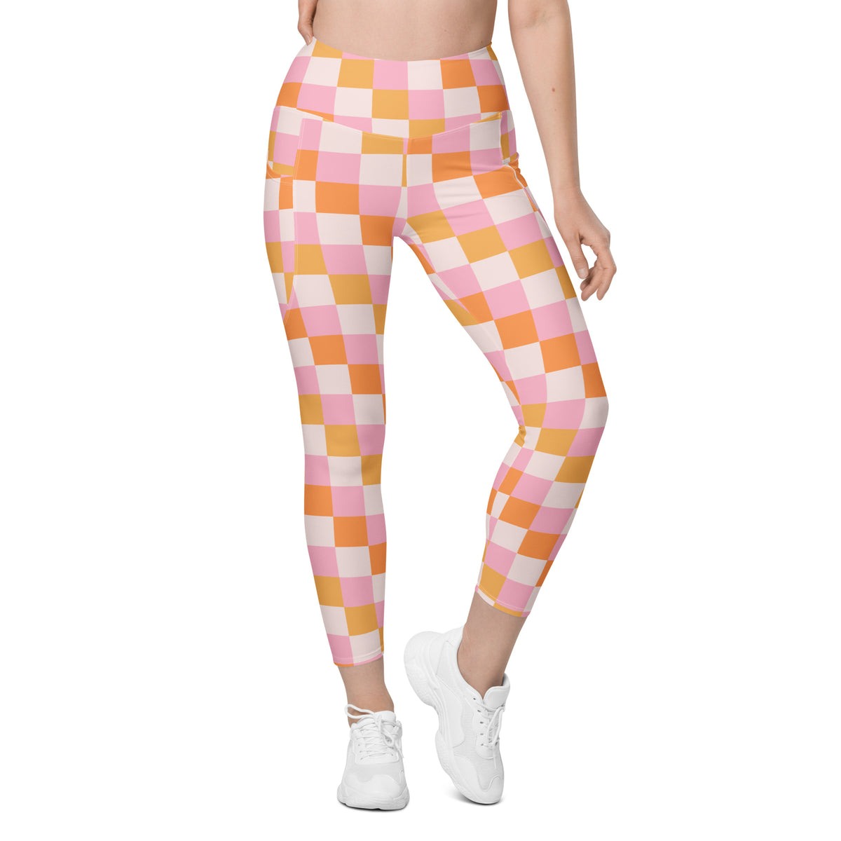 Women’s Pink & Orange Checkered Yoga Leggings With Pockets – High-Waisted, Soft Compression Active Pants