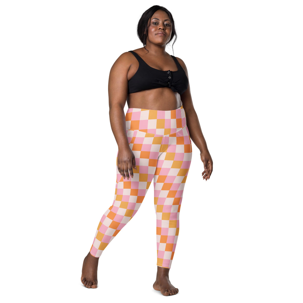 Women’s Pink & Orange Checkered Yoga Leggings With Pockets – High-Waisted, Soft Compression Active Pants