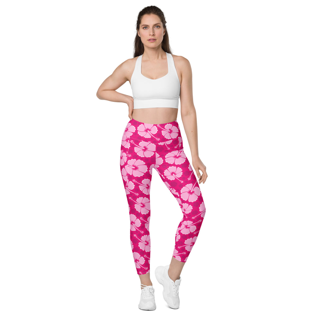 Women’s Tropical Pink Hibiscus Yoga Leggings With Pockets – High-Waisted, Soft Compression Active Pants