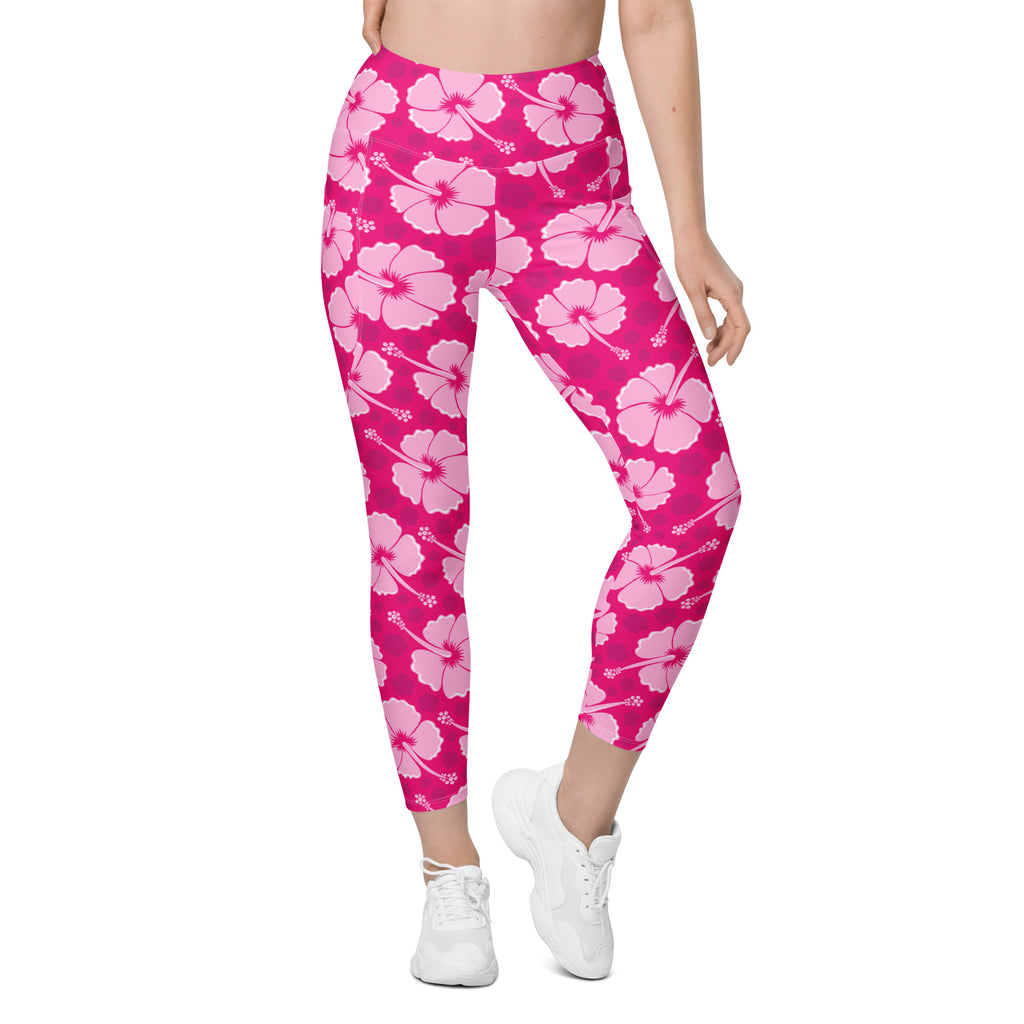 Women’s Tropical Pink Hibiscus Yoga Leggings With Pockets – High-Waisted, Soft Compression Active Pants