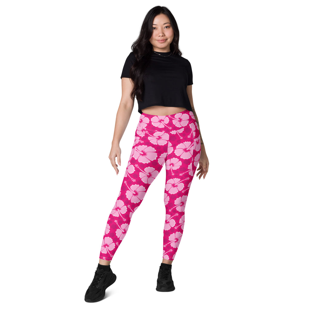 Women’s Tropical Pink Hibiscus Yoga Leggings With Pockets – High-Waisted, Soft Compression Active Pants