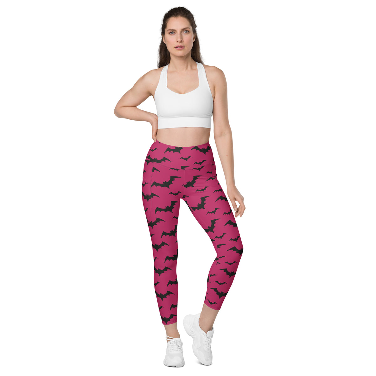 Women’s Pink Bats Halloween Yoga Leggings With Pockets – High-Waisted, Soft Compression Active Pants