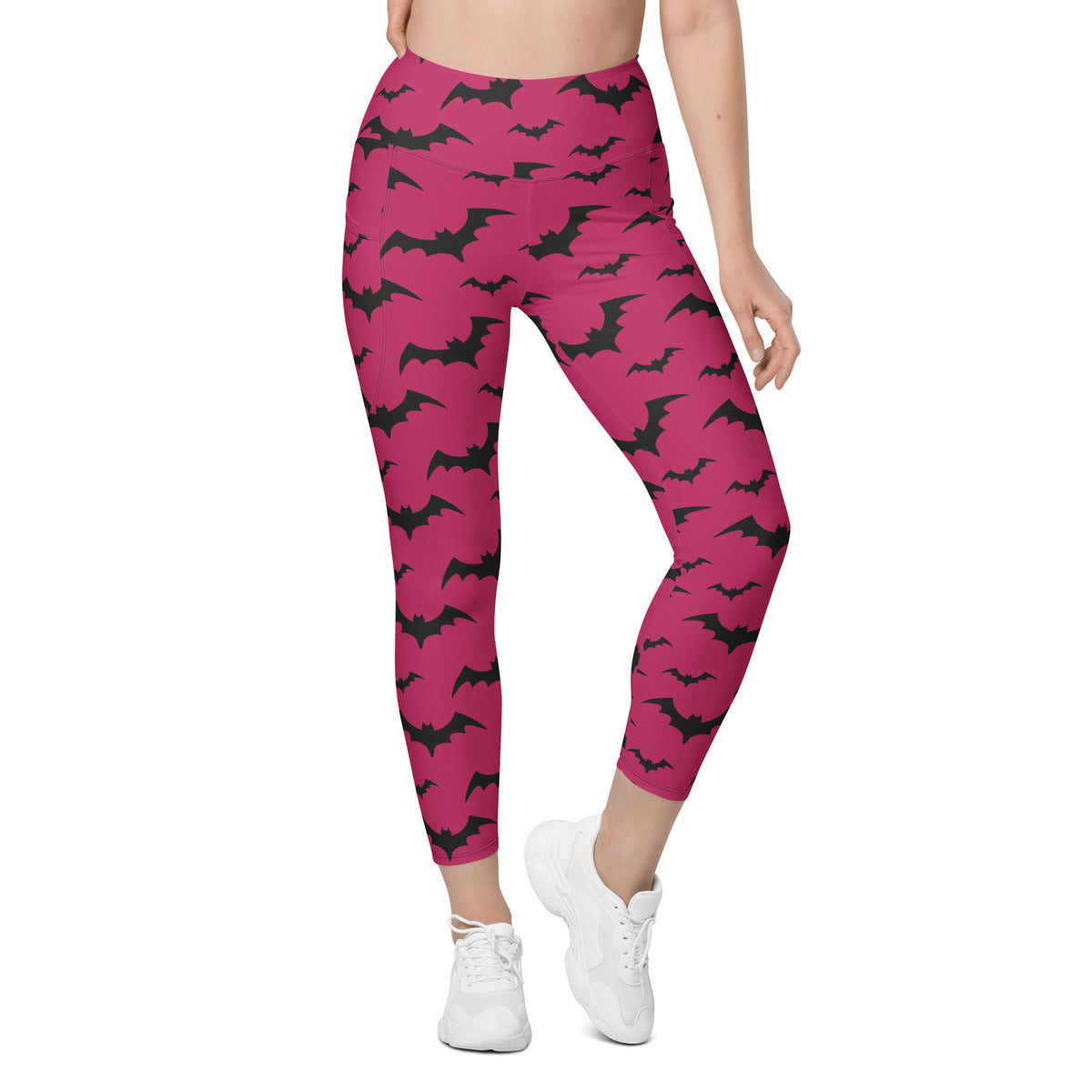 Women’s Pink Bats Halloween Yoga Leggings With Pockets – High-Waisted, Soft Compression Active Pants