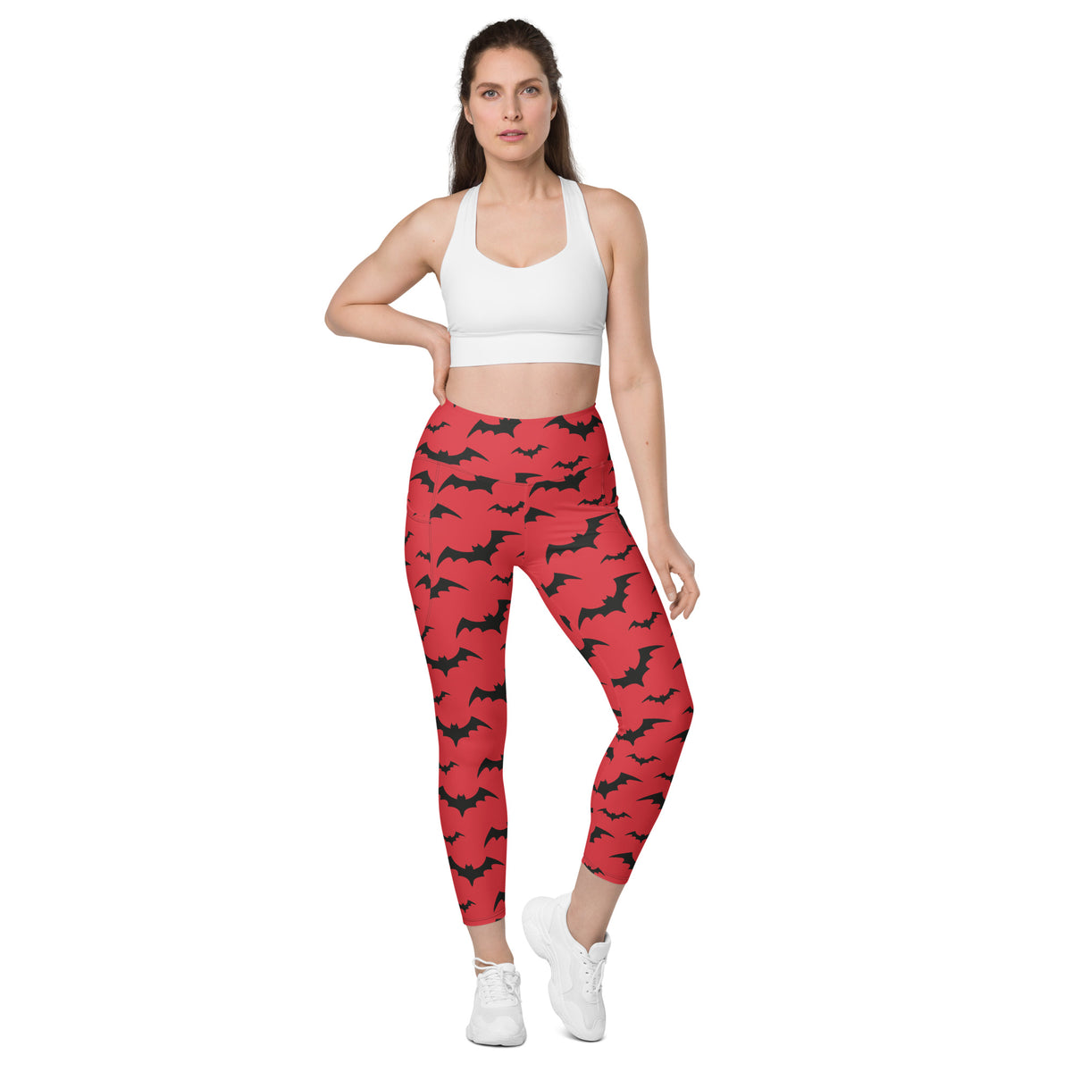 Women’s Red Bats Halloween Yoga Leggings With Pockets – High-Waisted, Soft Compression Active Pants