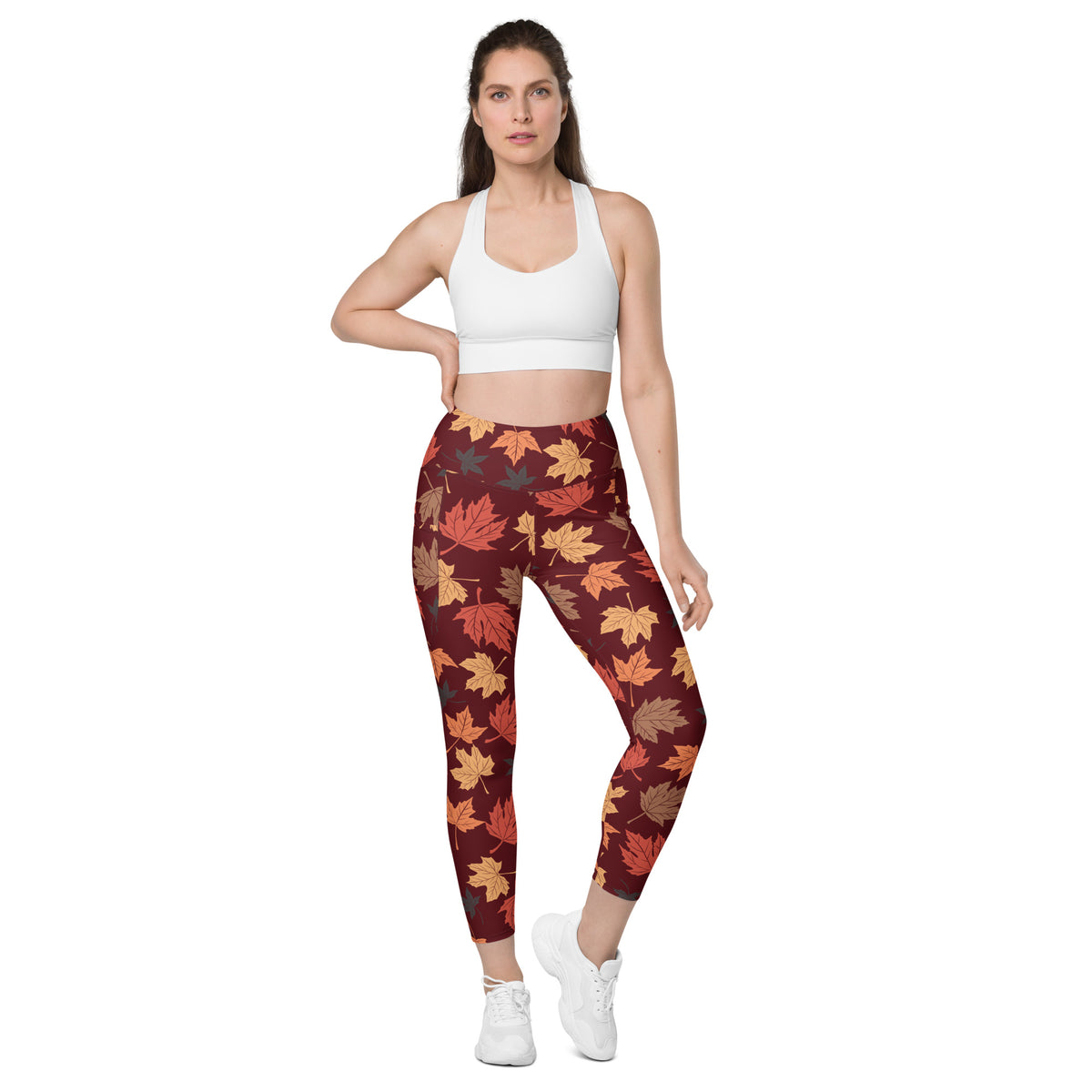 Women’s Fall Leaves Yoga Leggings With Pockets – High-Waisted, Soft Compression Active Pants
