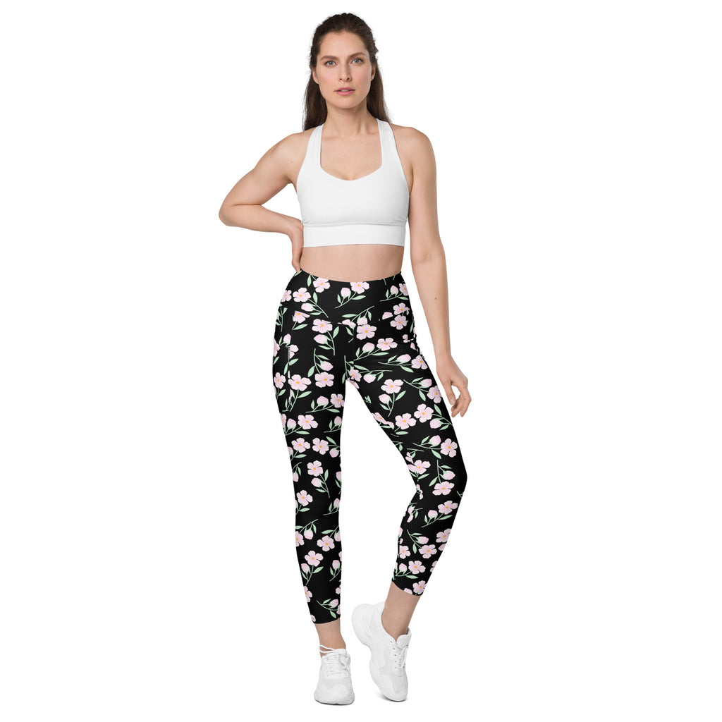 Women’s Pink Floral Leggings With Pockets – High-Waisted, Soft Compression Active Pants